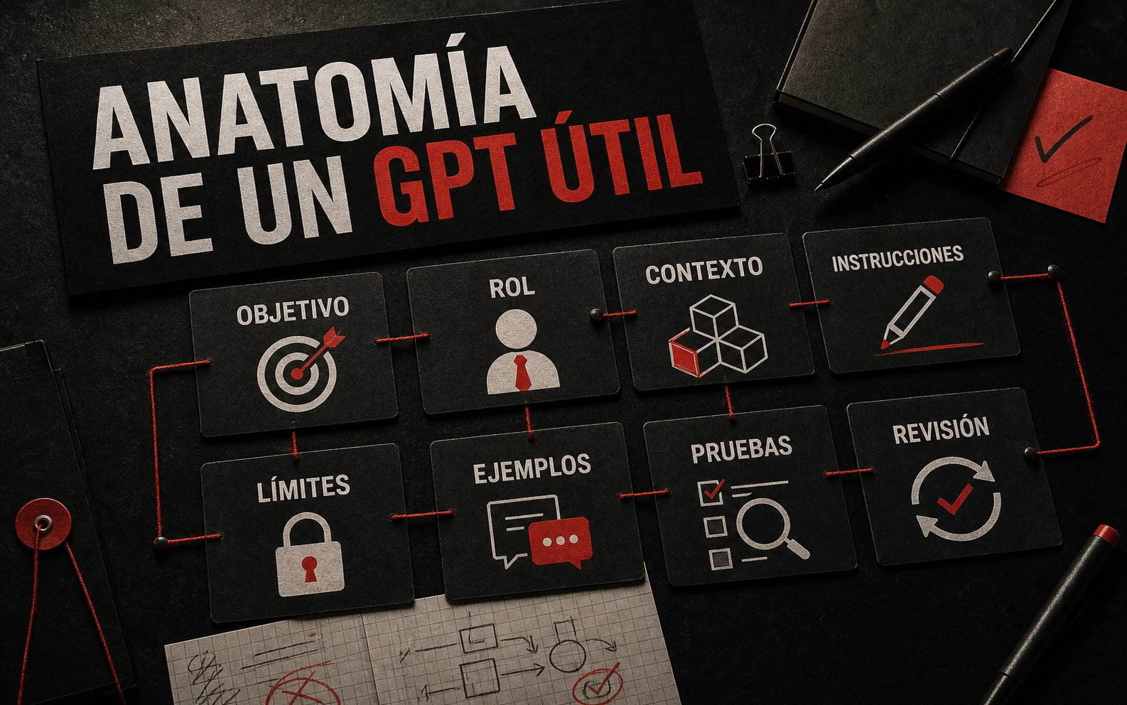 Infografía con la anatomía de un GPT útil: objetivo, rol, contexto, instrucciones, límites, ejemplos, pruebas y revisión.