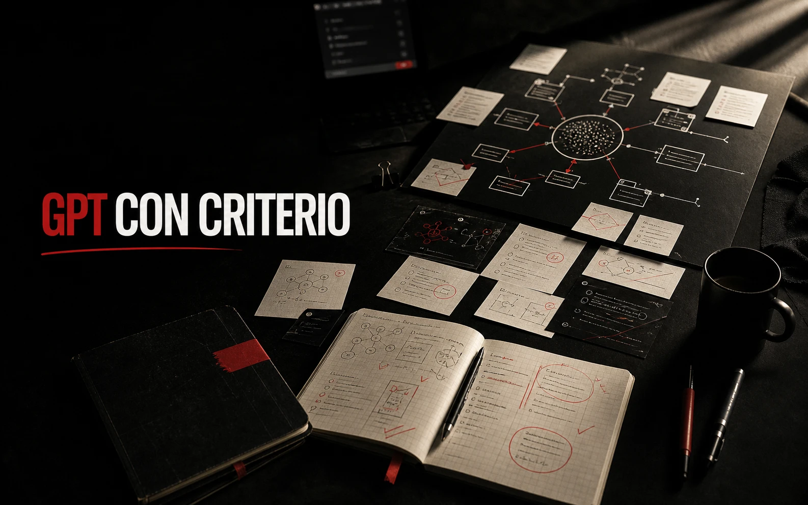 Mesa editorial oscura que organiza instrucciones, contexto, reglas, pruebas y supervisión humana para diseñar un GPT con criterio.