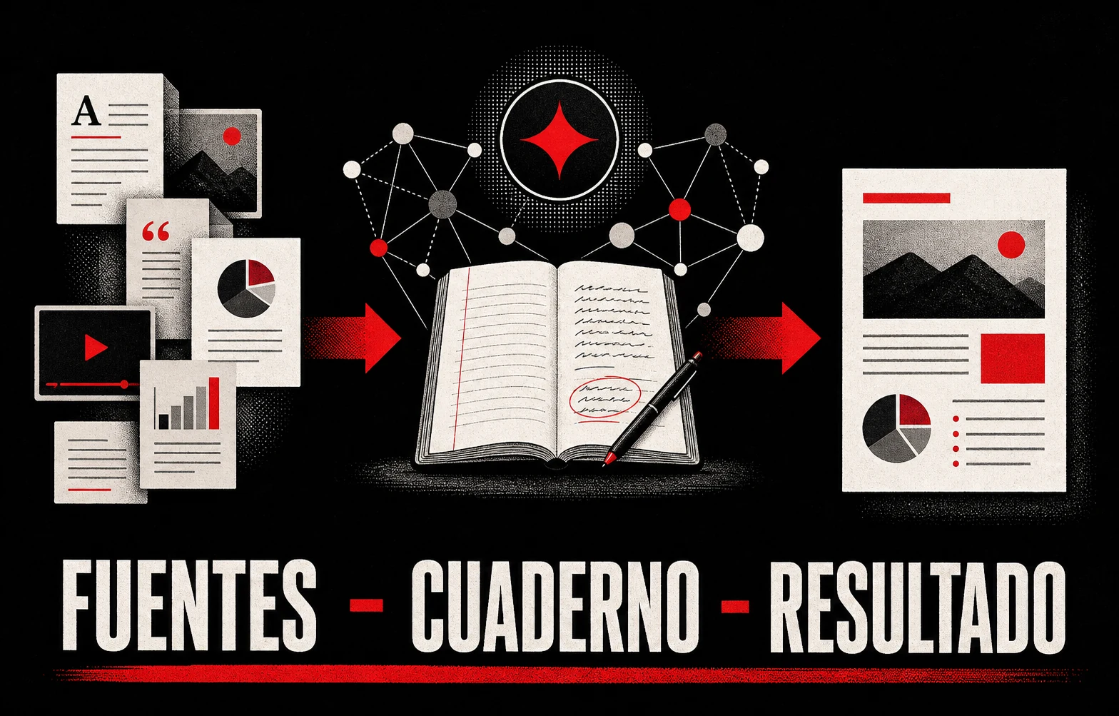 Visual editorial de una estación de trabajo cognitiva donde fuentes, notas y análisis se transforman en un resultado final.