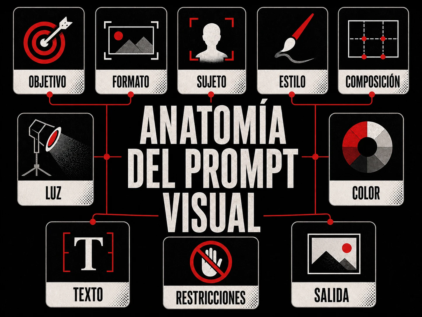 Infografía de la Anatomía de un prompt visual con objetivo, formato, sujeto, estilo, composición, luz, color, texto, restricciones y salida.