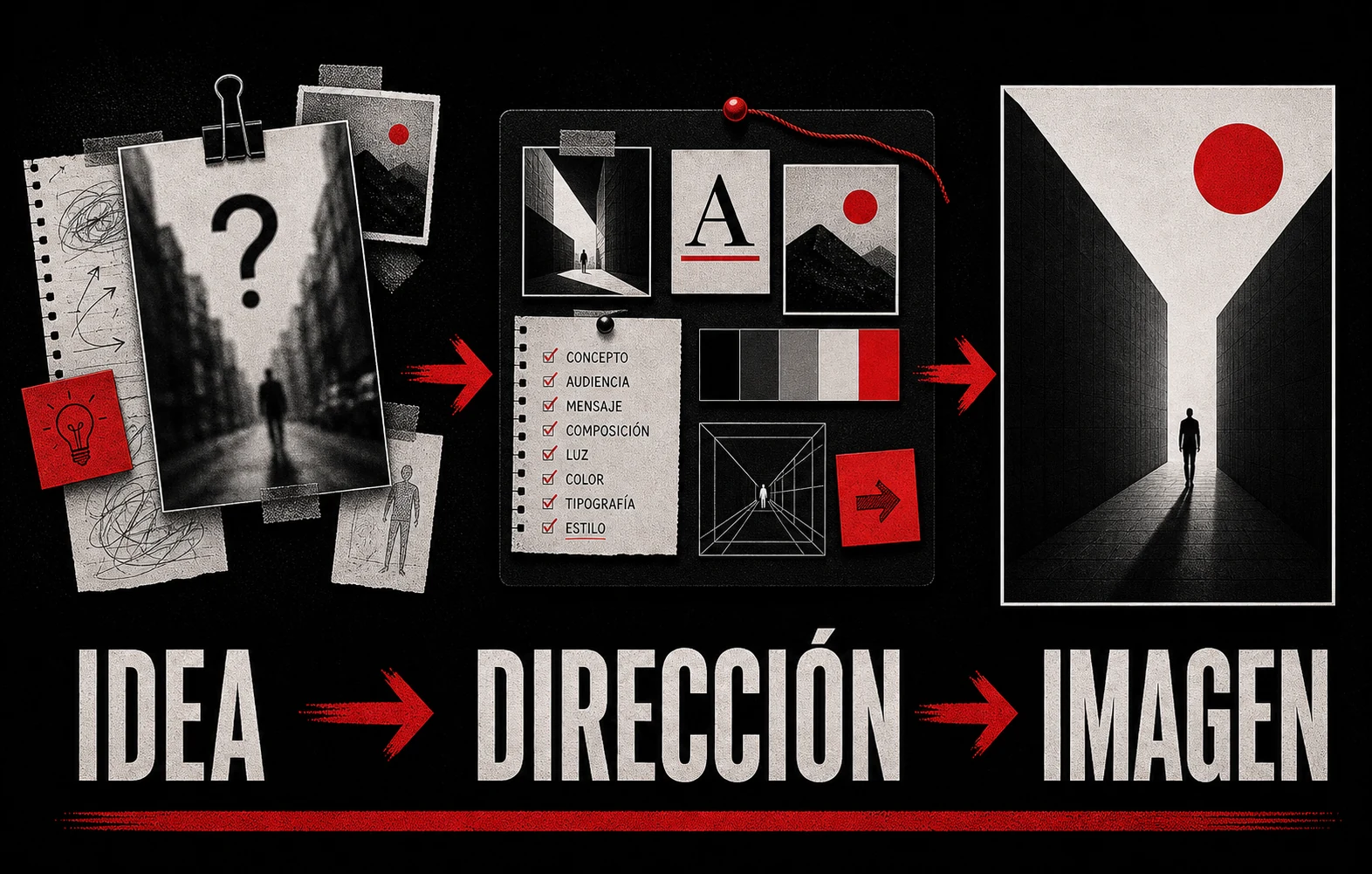 Proceso visual que convierte una idea vaga en una dirección clara y una pieza final definida.
