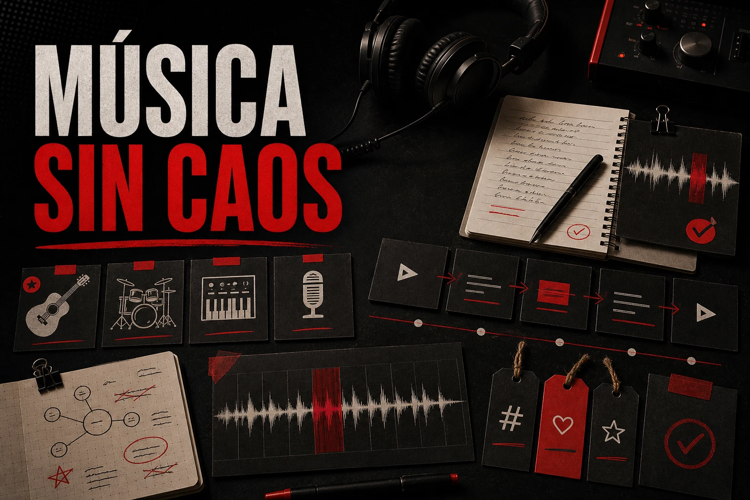 Mesa editorial de producción musical que ordena letra, estilo, metatags, revisión, iteración y línea de tiempo para crear música sin caos.