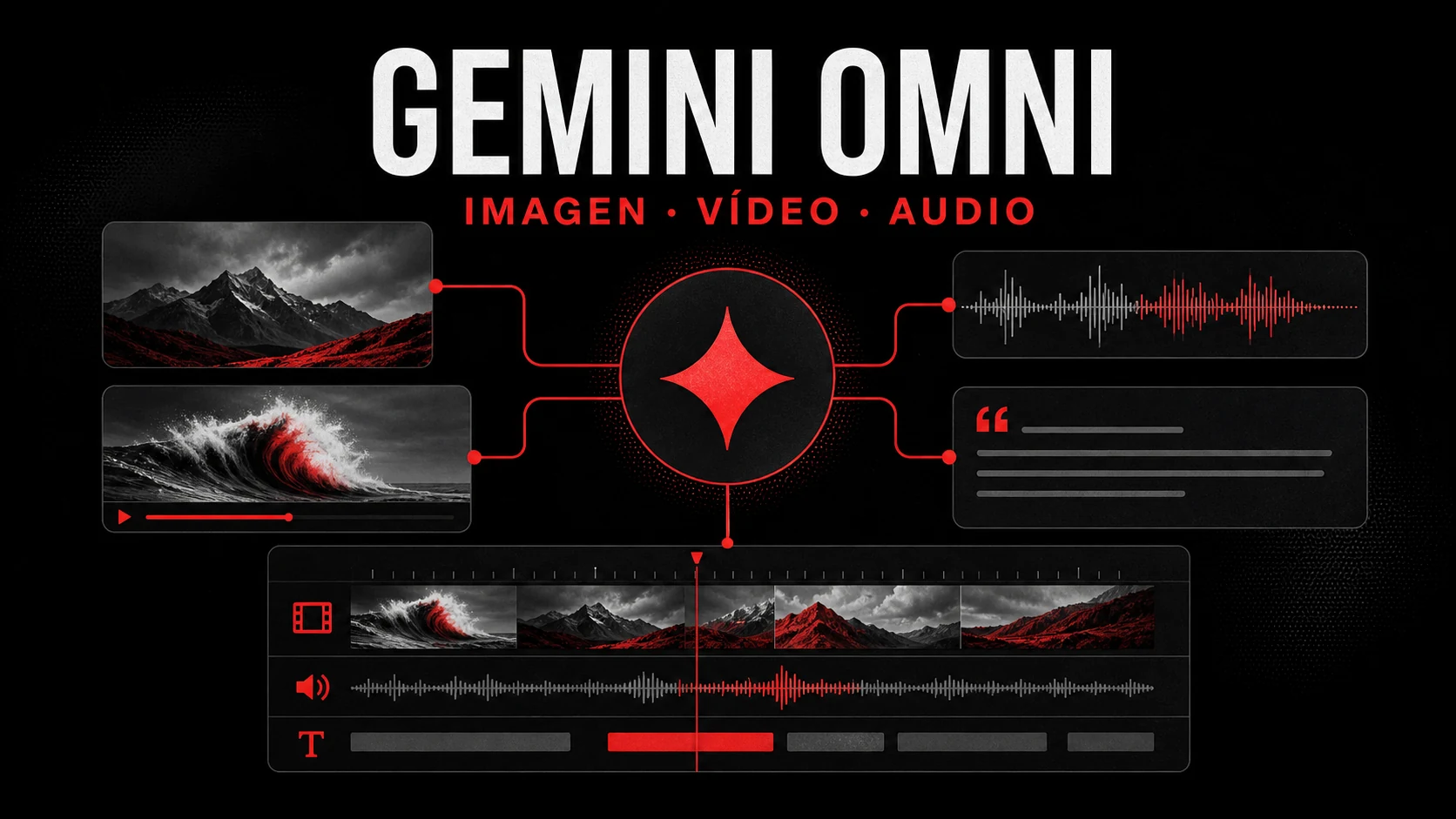 Visual editorial de Gemini Omni como flujo multimodal de imagen, vídeo, audio, prompts y edición creativa.